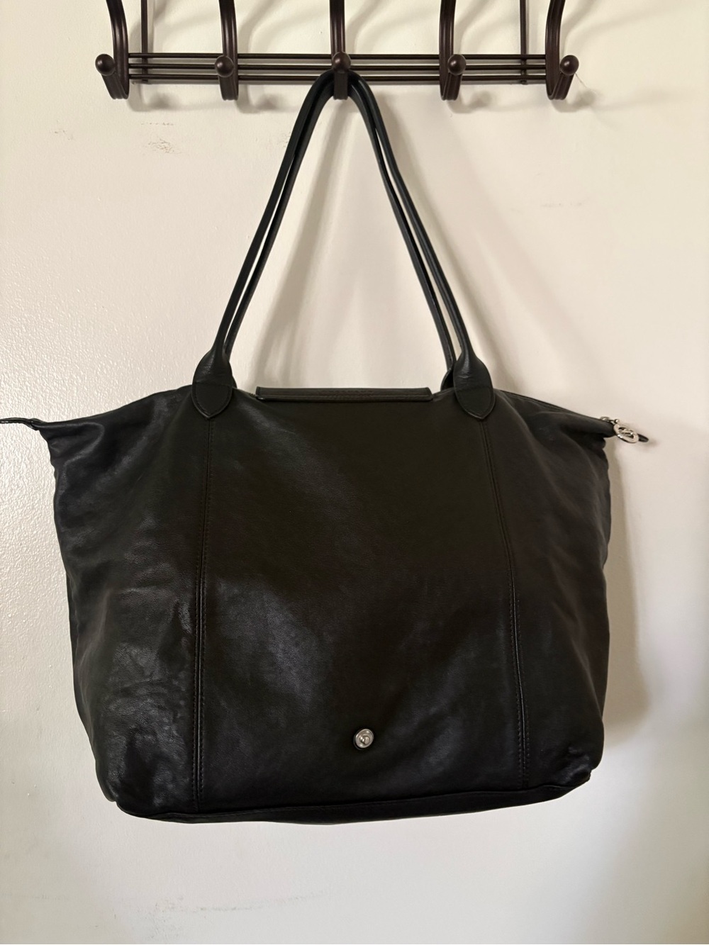 Longchamp Black Leather Tote with Double Shoulder Straps